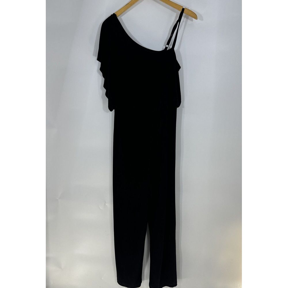 Emma & Michele Womens Black One Shoulder Ruffle Jumpsuit Size M Wide Leg Blouson